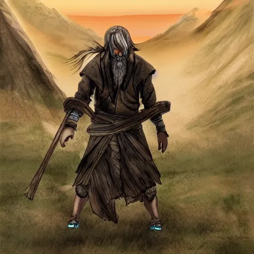 Image similar to man with scars exploring a land where he got a mountain like the mordor to explore, gege akutami style, overdetailed art, realistic, colorfull,