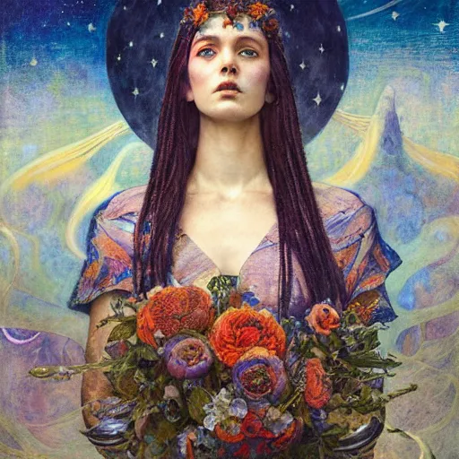 Image similar to queen of the moon with stars in her hair, by annie swynnerton and tino rodriguez and nicholas roerich and jean delville and donato giancola and tom bagshaw, dramatic lighting, floral tattoos, rich colors, smooth sharp focus, extremely detailed, adolf wolfli