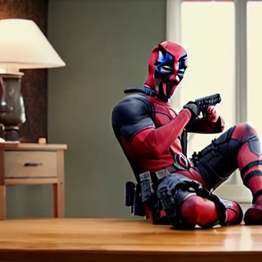 Image similar to a still of deadpool relaxing at home feet up on table