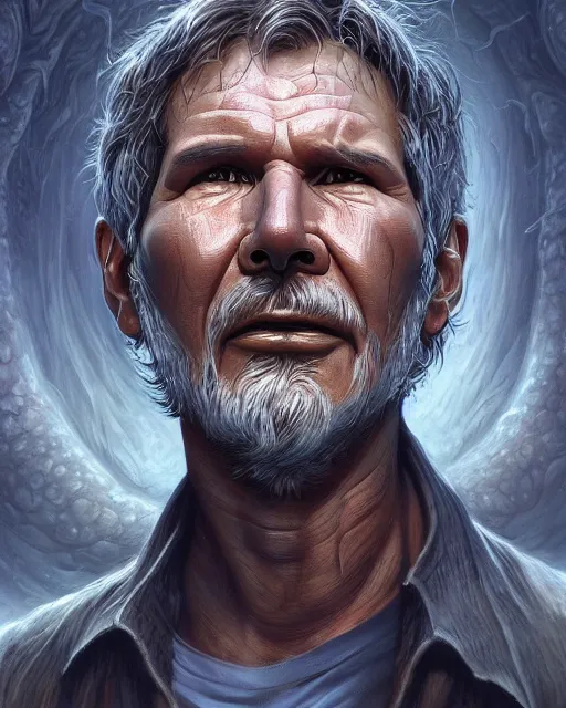 Image similar to lovecraft biopunk portrait of harrison ford by tomasz alen kopera and peter mohrbacher.