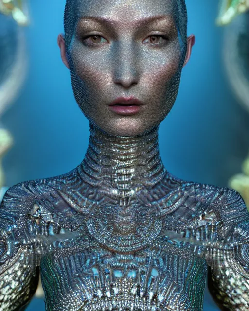 Image similar to a highly detailed metahuman 4 k close up render of an alien goddess bella hadid as alien in iris van herpen dress schiaparelli in diamonds crystals swarovski and jewelry iridescent in style of alphonse mucha gustav klimt trending on artstation made in unreal engine 4