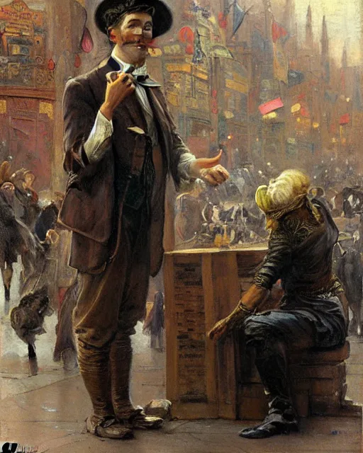 Prompt: attractive man calling out to passersby from his soapbox at the entrance to the world's fair, 1 9 1 8, melancholy, nostalgia, painting by gaston bussiere, craig mullins, j. c. leyendecker