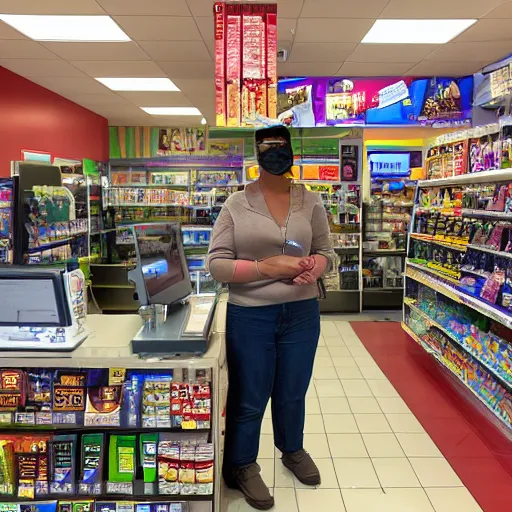 Prompt: Vision superhero working as a 7/11 cashier, wide wide shot, very detailed, hdr photograph, beautiful lighting