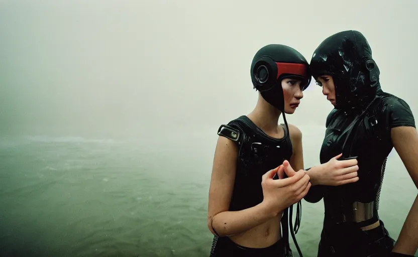 Image similar to cinestill 5 0 d candid photographic portrait by helen levitt of two loving female androids wearing rugged black mesh techwear in treacherous waters, extreme closeup, modern cyberpunk moody emotional cinematic, dust storm, 8 k, hd, high resolution, 3 5 mm, f / 3 2, ultra realistic faces, ex machina