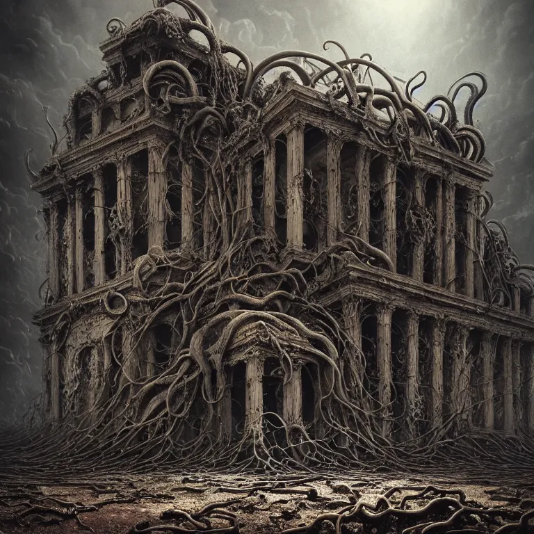 Prompt: ribbed surreal melting abandoned giant building, baroque painting, covered with tentacles, roots, standing in a desolate empty wasteland, creepy, nightmare, dream-like heavy atmosphere, surreal abandoned buildings, beautiful detailed intricate insanely detailed octane render trending on Artstation, 8K artistic photography, photorealistic, chiaroscuro, Raphael, Caravaggio, Beksinski, Giger