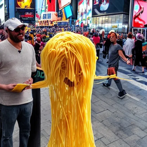 Prompt: a man made out of spaghetti and a man made out of meatballs battle in Times Square for the fate of the universe, drawn in a comic book art style