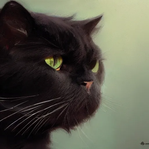 Image similar to closeup portrait of black persian cat staring contemptuously at people, painted by greg rutkowski, painted by igor kieryluk, trending on artstation