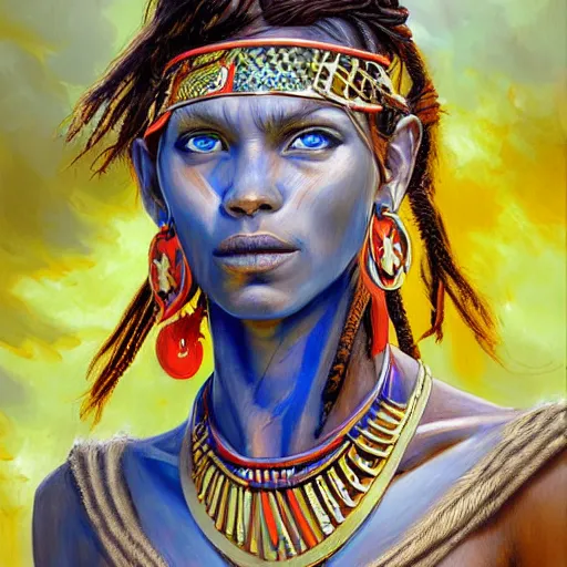 Image similar to highly detailed painting of a tribal warrior goddess woman, maldivian, blue eyes, high fantasy art by jon foster trending on arstation