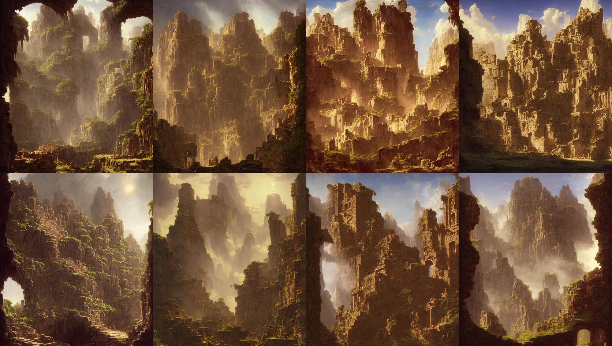 Image similar to aztec ruins built on the walls of a cave by jorge jacinto, albert bierstadt, jim burns, edwin church, frederic thomas cole, brown durand, asher david friedrich, caspar james gurney, johnson heade, martin raphael lacoste, ted nasmith, andreas rocha, christophe vacher, mystical, fantasy, rays of sun light, atmospheric lighting