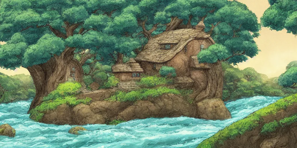 Image similar to a serene landscape with a singular house in giant tree ^ near a river with rocks, sunshine lightning, ghibli studio