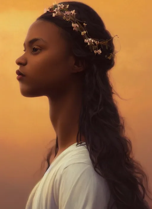 Prompt: oil painting close up portrait of a contemplative young black woman with long dark flowing hair in a white dress, wearing a crown of lilies of the valley at sunset, hazy, digital art, chiaroscuro, artstation, cinematic, golden hour, digital art painting by greg rutkowski, william - adolphe bouguereau, hazy atmosphere, cinematic lighting