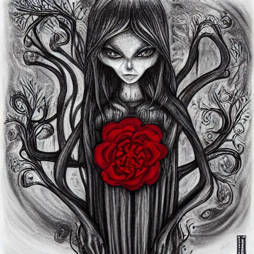 Prompt: dystopian charcoal drawing of webs in a red flower by jeremiah ketner | horror themed | creepy