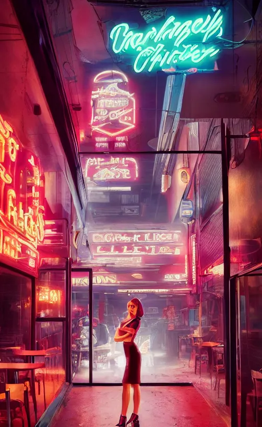 Image similar to vertical movie frame portrait of girl in 5 0's retro restaurant interior, neon - decorated urban on night in the city seen through the window, modern interior design, architectural design, vintage, night blade runner, dark, postapocalyptic, clean lines, 4 k, octane, asian futuristic city at distance, big windows, octane, wide angle