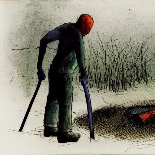 Image similar to a man with a shovel standing digging up a grave with a dead body in it, subtle blue, orange, and dark green tones, high quality, high detail, dark colors, sinister atmosphere, dramatic lighting, cinematic, establishing shot, extremely high detail, photo realistic, cinematic lighting, pen and ink, intricate line drawings, by Yoshitaka Amano, Ruan Jia, Kentaro Miura, Artgerm, post processed, concept art, artstation, matte painting, style by eddie mendoza, raphael lacoste, alex ross