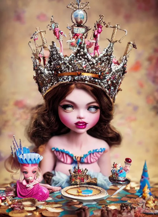 Image similar to closeup face profile portrait of a tin toy fairytale princess wearing a crown eating cakes, bikini, depth of field, zeiss lens, fashion photoshoot by nicoletta ceccoli, mark ryden, lostfish, breathtaking, detailed and intricate environment, 8 k resolution, extremely detailed, beautiful, establishing shot, artistic, hyperrealistic, octane render