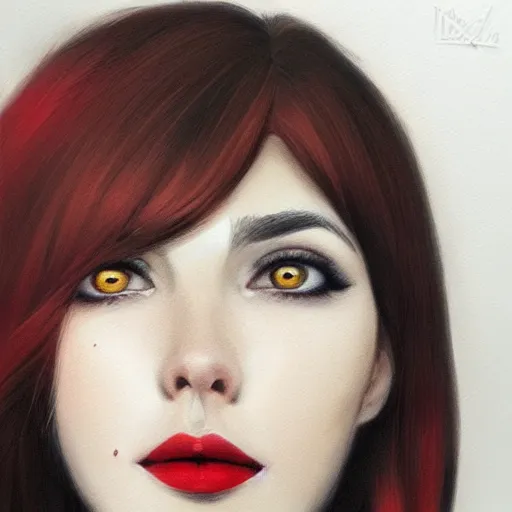 Image similar to a realistic illustration portrait of a beautiful cute girl with wavy black red hair, a pointy nose and, round chin black eyeliner, trending on artstation, hyper - realistic lighting