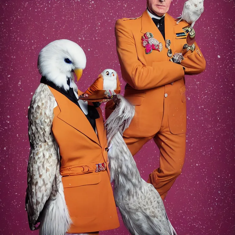 Prompt: high fashion photoshoot octane render portrait by wayne barlow and carlo crivelli and glenn fabry, a distinguished actor wearing a colorful wes anderson designed uniform and holding a snow owl inside a high - end exotic colorful pastel vintage boutique hotel lounge, very short depth of field, bokeh