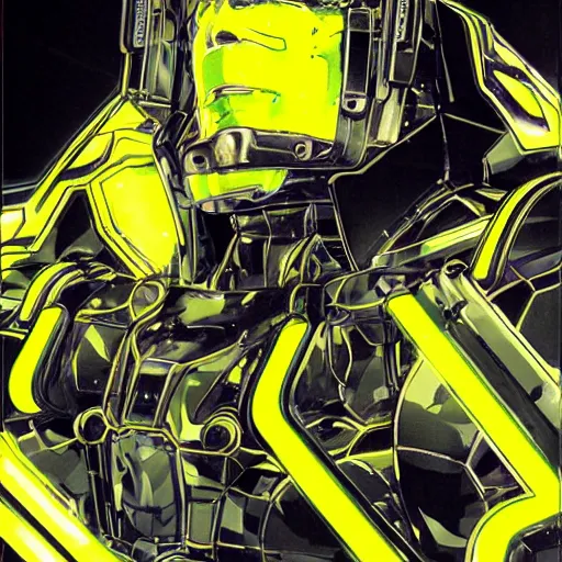 Prompt: portrait of the full-metal kerberos robot Sirius in electrical wired neon yellow-noir outfit, illustration by Yoji Shinkawa, Artgerm, Esao Andrews and Yoshitaka Amano