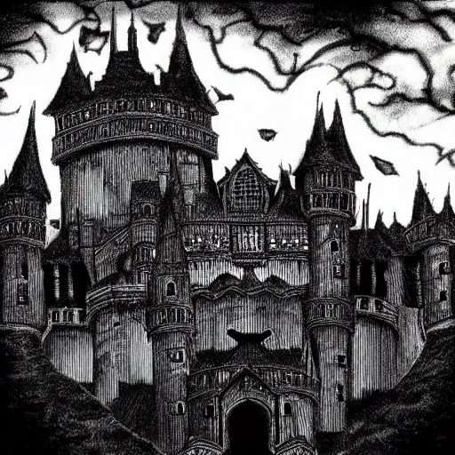 Image similar to demon all black house cat sitting on top of a castle, style of kentaro miura!!!!, black and white