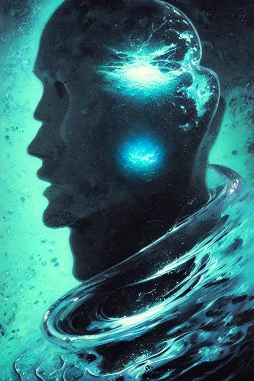 Image similar to close up shot of a full body floating astronaut portrait water elemental fading into water, high contrast, james gurney, peter mohrbacher, mike mignola, black paper, mandelbulb fractal, trending on artstation, exquisite detail perfect, large brush strokes, bold colors, intricate ink illustration, black background