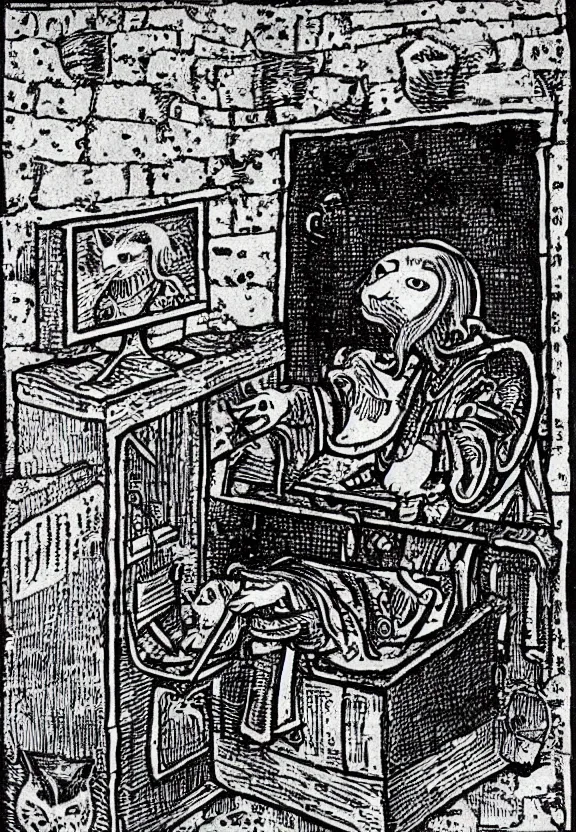 Image similar to [Grim medieval illustration of a cat watching youtube on a computer]