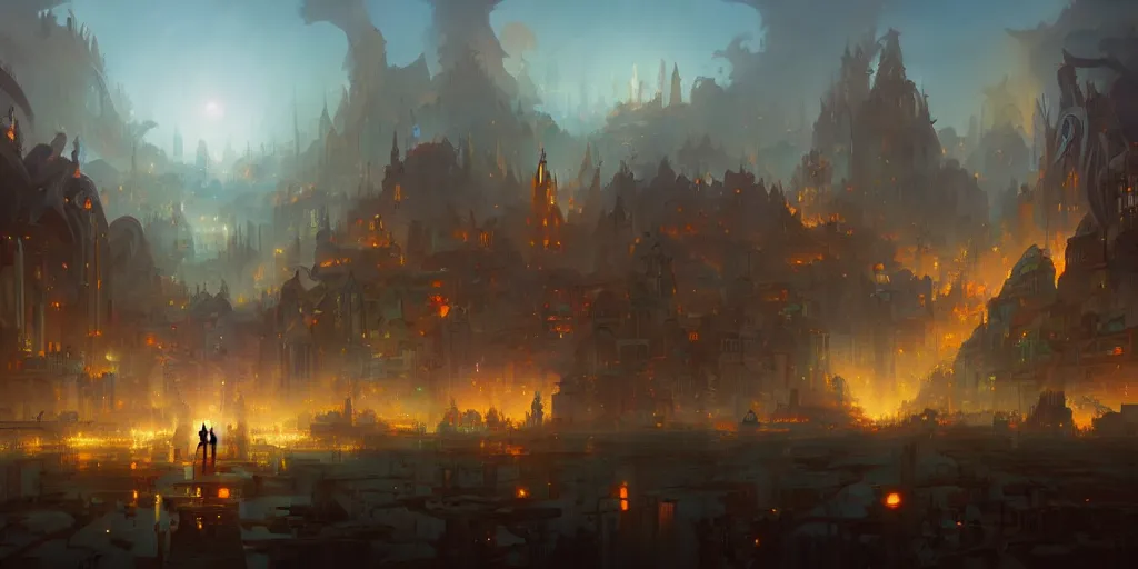 Prompt: The City of the Golden God, by Peter Mohrbacher and Andreas Rocha and Craig Mullins