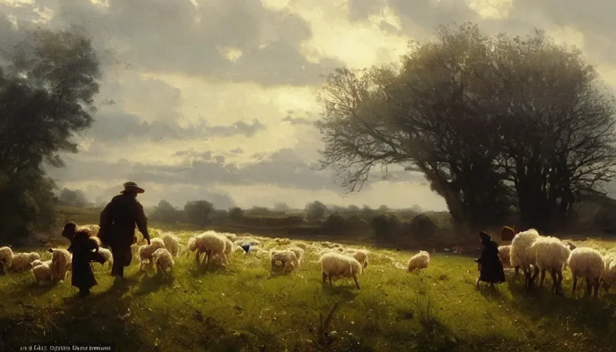 Image similar to simple amish shepherd and children with flocks of sheep in open fields, art by anders zorn, wonderful masterpiece by greg rutkowski, beautiful cinematic light, american romanticism thomas lawrence, greg rutkowski