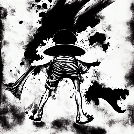 Prompt: Luffy (One Piece, 1997 ), artwork by kentaro miura, Kentaro Miura style, Berserk Style, High details, centered full body pose, zenith angle, dramatic lighting, concept, manga, black and white ink style, a lot of details with ink shadows