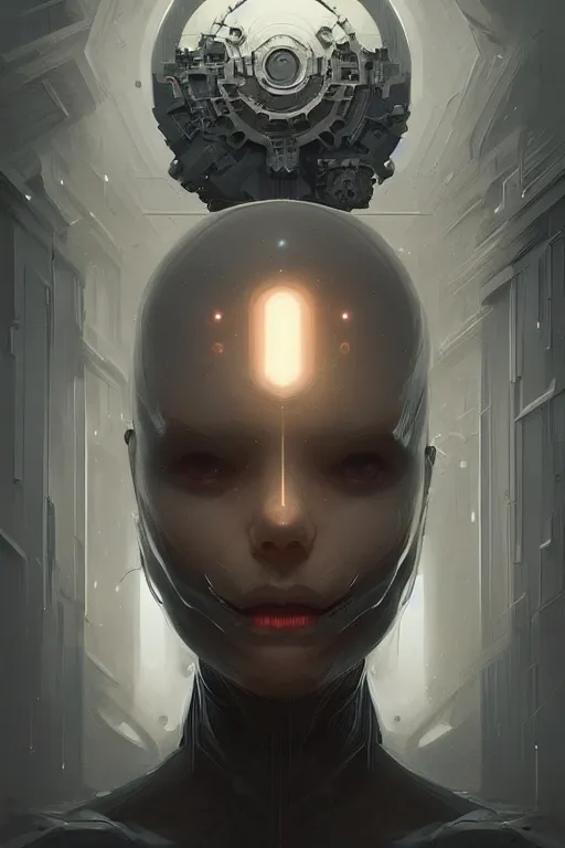 Image similar to professional concept art symmetrical portrait of a ominous floating!! mechanical ai terrifying!! thing in a dark room by artgerm and greg rutkowski. an intricate, elegant, highly detailed digital painting, concept art, smooth, sharp focus, illustration, in the style of cam sykes.