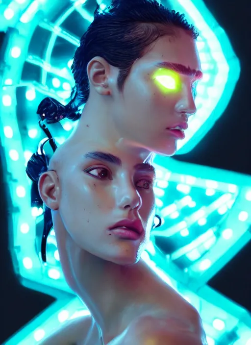 Prompt: a hispanic beauty female humanoid with freckled cheeks, cyber neon lighting, futurism, intricate futuristic led lit jewelry, cyberpunk glossy white latex swimwear, profile posing, hyper photorealistic, crispy quality, digital photography, trending in artstation, trending in pinterest, cinematic, 4 k ultra hd, art by pascal blanche, art by greg rutkowski,