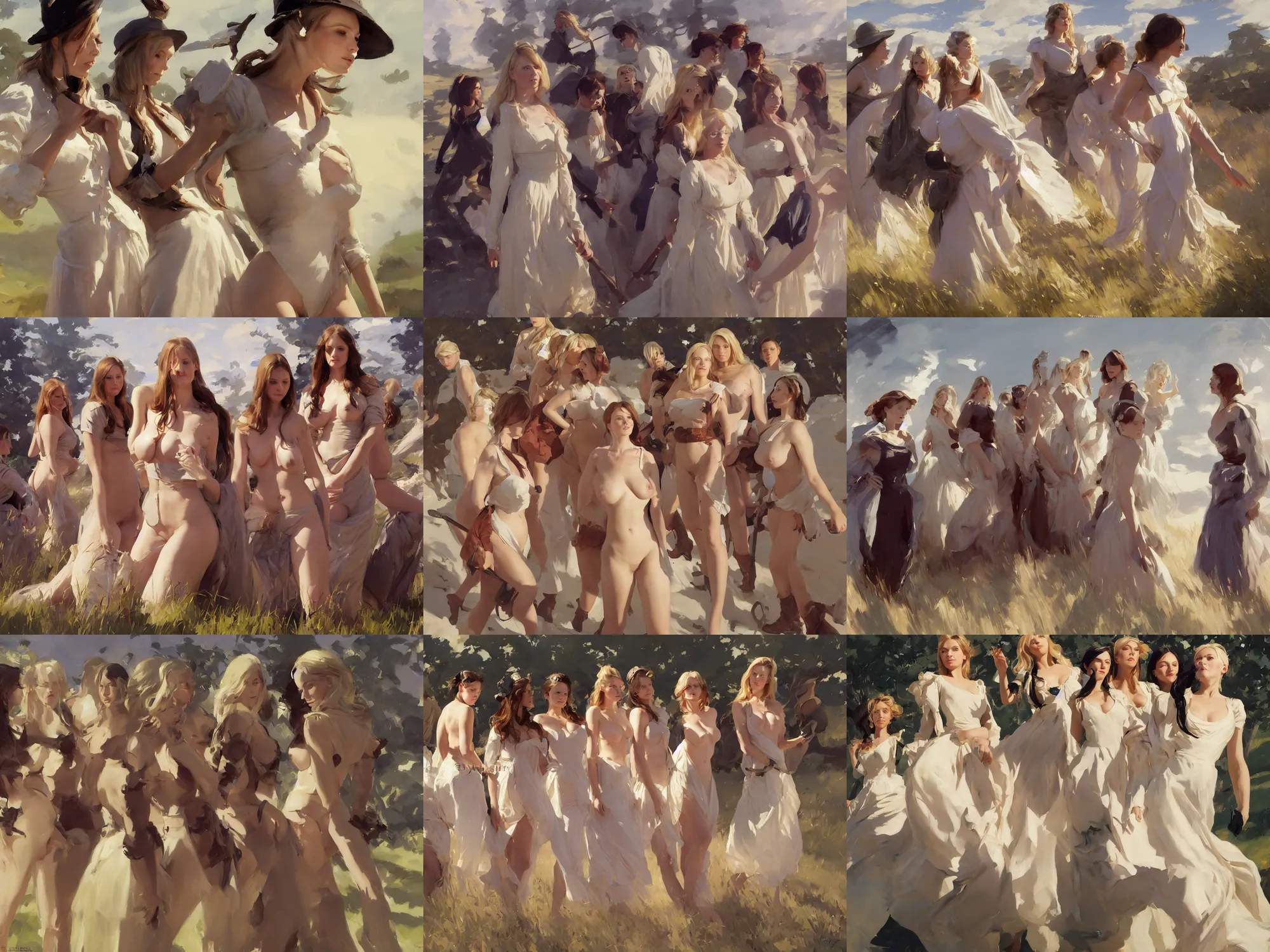 Prompt: five of beautiful finnish norwegian swedish scandinavian attractive glamour models wearing 1 7 th century stays with low neckline walking in the field in a sunny day, jodhpurs greg manchess painting by sargent and leyendecker, studio ghibli fantasy close - up shot asymmetrical intricate elegant matte painting illustration hearthstone, by greg rutkowski by greg tocchini by james gilleard