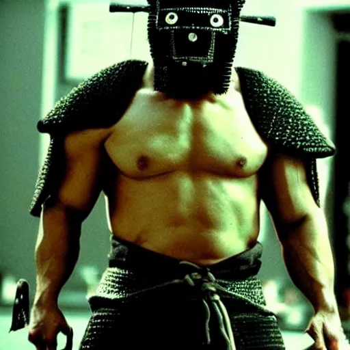 Prompt: fierce big muscular samurai wearing a cybernetic oni mask, amazing accurate movie still