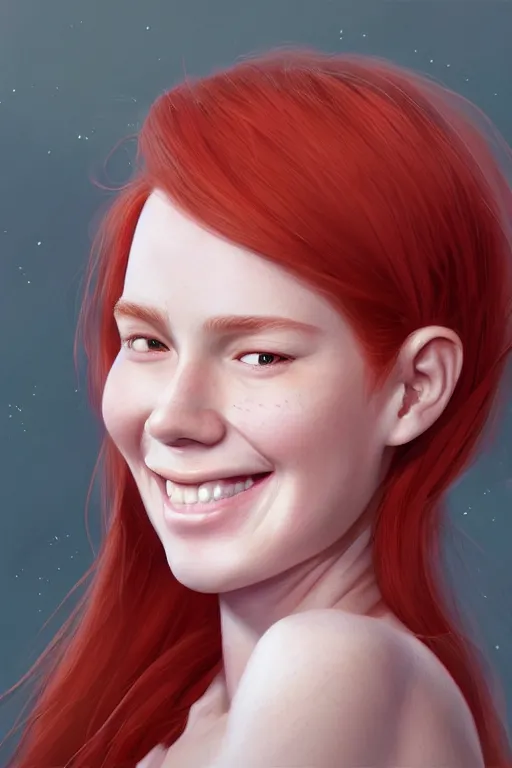 Prompt: ultra realistic style illustration of a cute red haired young woman smiling, 1 9 year old, headshot, sci - fi, fantasy, intricate, elegant, digital painting, artstation, concept art, smooth, sharp focus, illustration, 8 k frostbite 3 engine, ultra detailed, art by artgerm and greg rutkowski and magali villeneuve