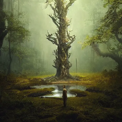 Image similar to 🍺💪🚶‍♂️🌳 a beautiful living tree in the middle of a swamp, digital Art, Greg rutkowski, Trending artstation, cinematic