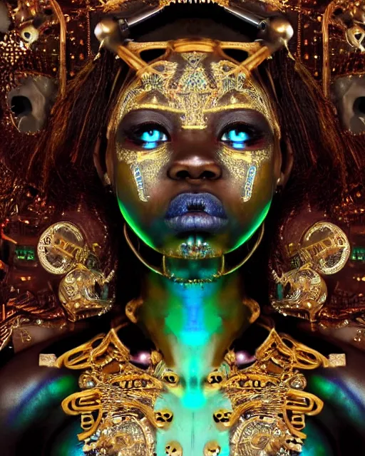 Prompt: upper body portrait of angry futuristic cyborg galactic himba young fat empress, organic cyborg, intricate, ornate, future baroque, luminous prosthetic eyes, iridescent onyx and gold