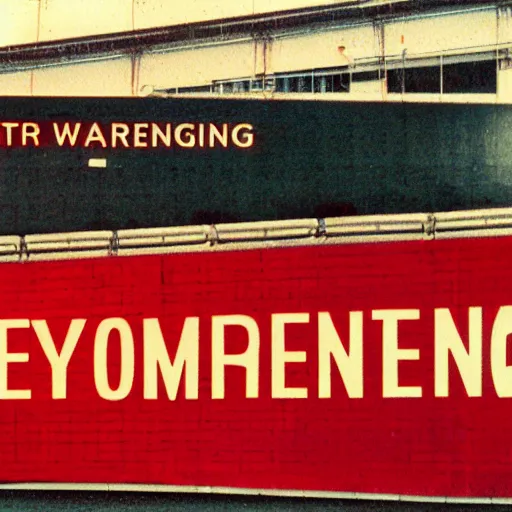 Image similar to ominous emergency warning broadcast on a billboard, 8 0 mm color film