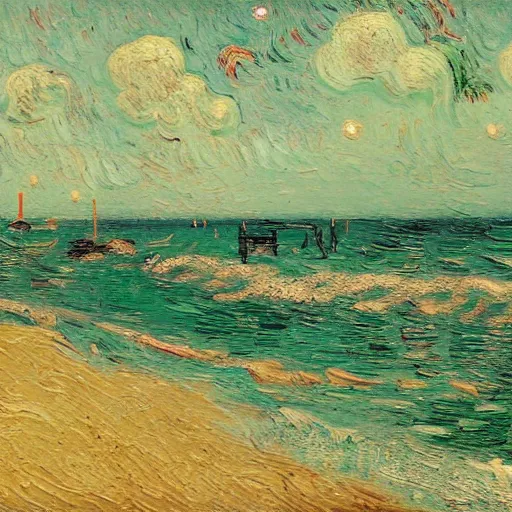 Image similar to a painting of a beautiful beach in Miami, trending on artstation, masterpiece, in the style of Vincent van Gogh