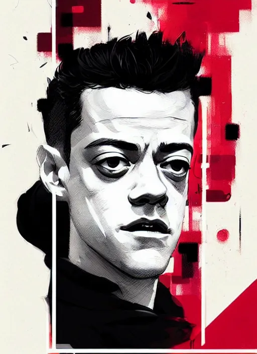 Image similar to highly detailed closeup art portrait of rami malek, elliot alderson, black hoody by atey ghailan, by greg rutkowski, by greg tocchini, by james gilleard, by joe fenton, by kaethe butcher, gradient red, black and white color scheme, grunge aesthetic!!! ( ( graffiti tag wall background ) )