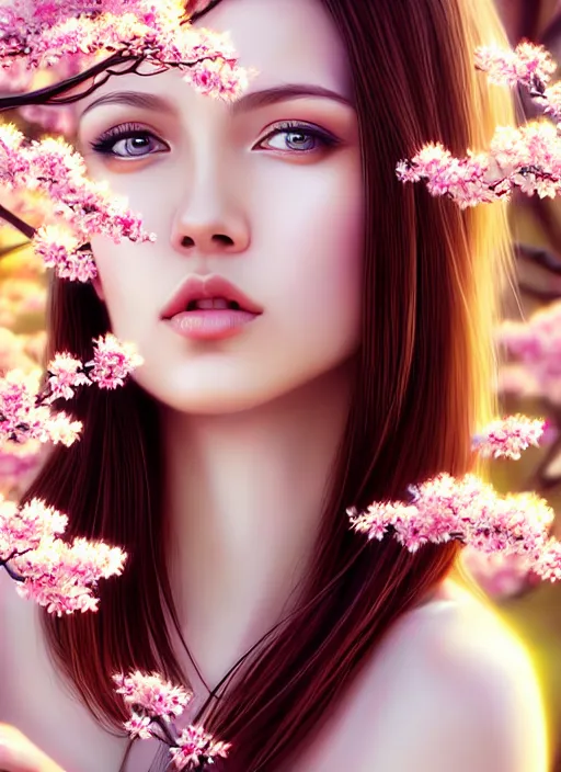 Image similar to photo of a gorgeous female in the style of stefan kostic, realistic, half body shot, sharp focus, 8 k high definition, insanely detailed, intricate, elegant, art by stanley lau and artgerm, extreme blur cherry blossoms background