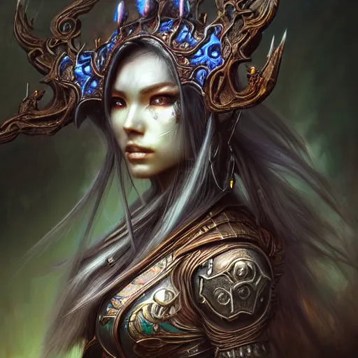 Image similar to a highly detailed long shot photo of chthonic warcraft female character by ayami kojima, beksinski, giger, intricate, digital painting, artstation, intricate, concept art, smooth, sharp focus, illustration