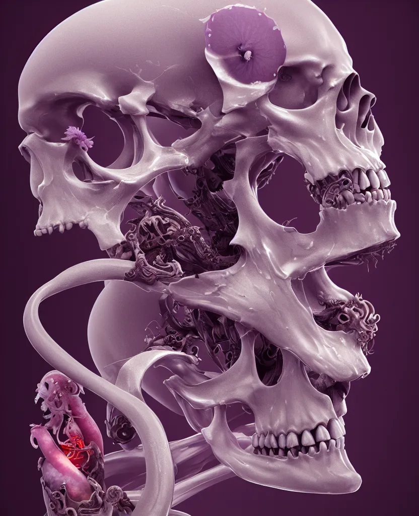 Image similar to absolute symmetry!! goddess close - up portrait human skeleton, ram skull, squid phoenix jellyfish, orchid, betta fish, bioluminiscent, intricate artwork by tooth wu and wlop and beeple. octane render, trending on artstation, greg rutkowski very coherent symmetrical artwork. cinematic, hyper realism, high detail, octane render, 8 k