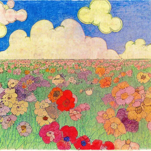 Image similar to Henry Darger colorful drawing, flowers, clouds