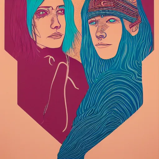 Prompt: Two lovers channeling third eye energy in the living room. They are feeling vulnerable in their love, hoping that their struggles will bring the best out of their love. There are other people in the room looking sinister and laughing at them. screen print by martine johanna and moebius, artstation