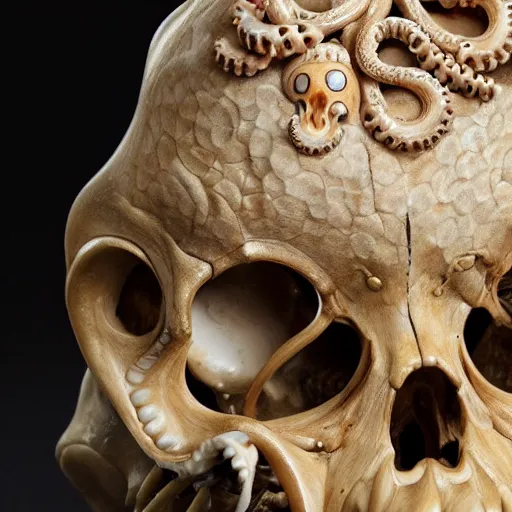 Prompt: an intricately detailed carving in an human - octopus skull, rococo ornate bone and ivory sculpted skull with teeth and tentacles, horror, artifact, micro detailed, inscribed with occult symbols, otherworldly