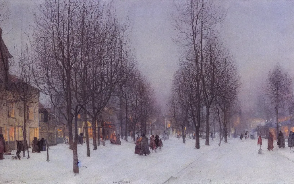 Image similar to a painting of a street in winter, pale sun, mist, oil on canvas, by carl larsson