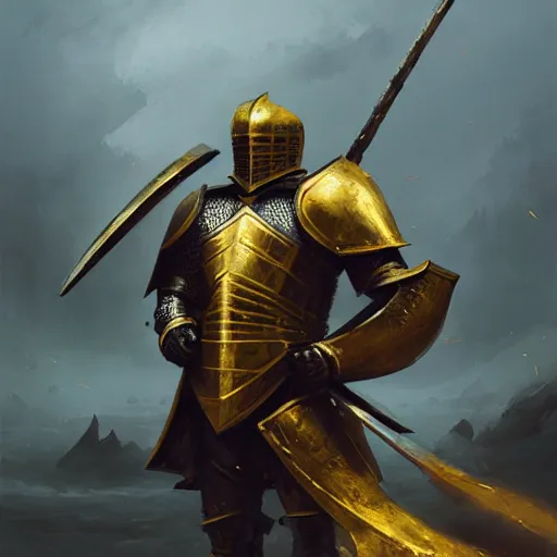 Image similar to anthropomorphic knight warrior in battle wearing black and gold plate armor, oil painting, Tooth Wu, Greg Rutkowski, RPG, dynamic lighting, fantasy art, High contrast, depth of field, landscape, scenery