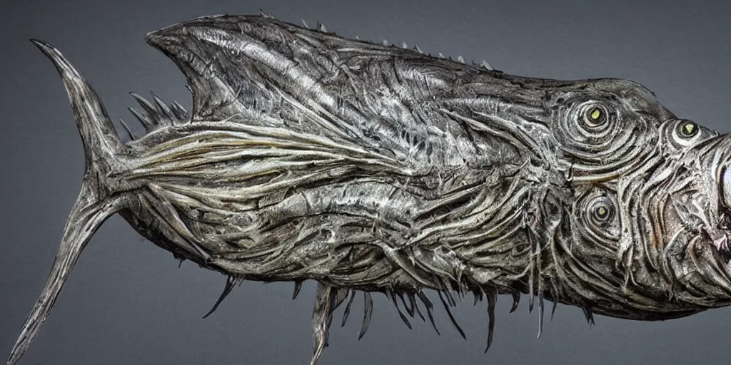 Prompt: angler fish sculpture, stylized layered shapes, long flowing fins, bioluminescent orbs, glowing eye, intricate, highly detailed, lifelike, smooth, sharp focus, art by h r giger