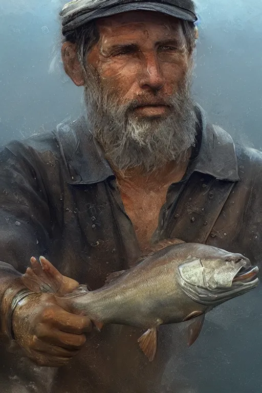 Image similar to Atlantis fisherman, close-up portrait, poor, intricate, elegant, volumetric lighting, scenery, digital painting, highly detailed, artstation, sharp focus, illustration, concept art,ruan jia, steve mccurry