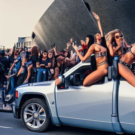 Prompt: 4 k hdr wide angle sony a 7 photo of a stainless steel shiny cybertruck surrounded by a mob of beautiful instagram model women protestors on mars during a blue martian sunset