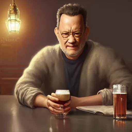 Image similar to tom hanks drinking a beer, highly detailed vfx portrait, unreal engine, greg rutkowski, loish, rhads, caspar david friedrich, makoto shinkai and lois van baarle, ilya kuvshinov, rossdraws, elegent, tom bagshaw, alphonse mucha, global illumination, detailed and intricate environment.